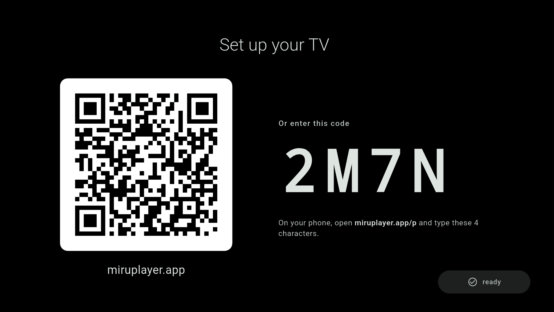 Miru pairing screen on a TV showing a QR code and a 4-character code.