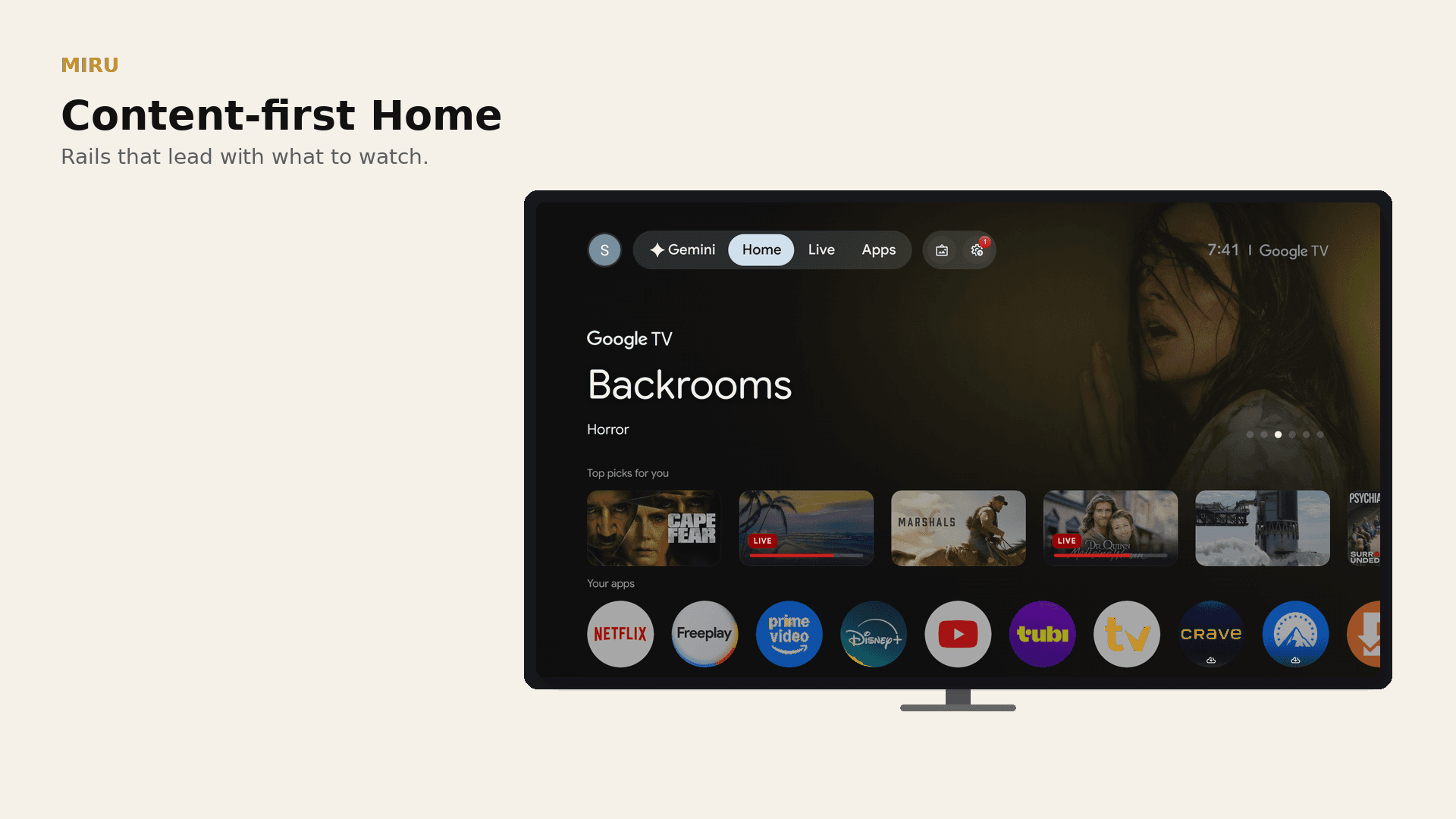 Miru Home on Android TV — calm living-room layout