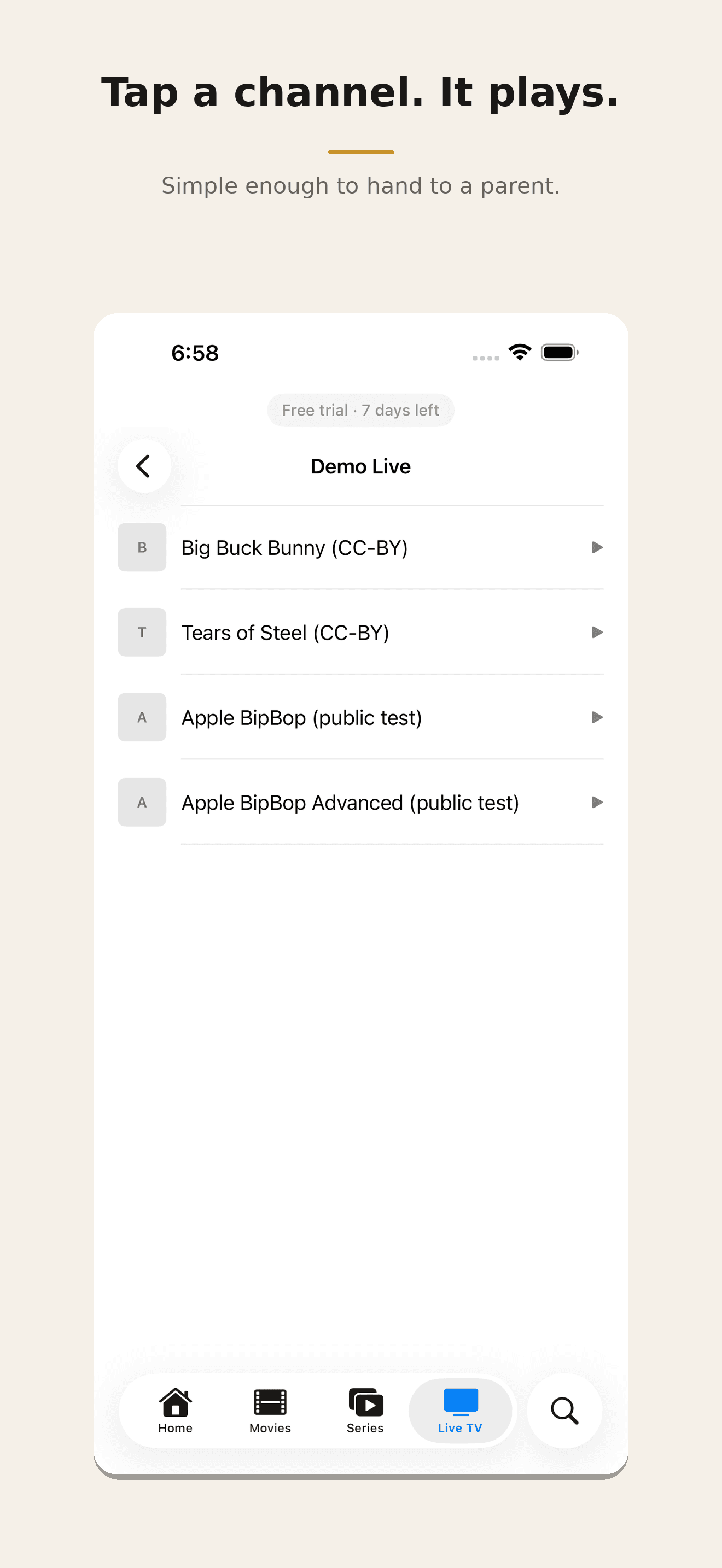 Miru Live TV on iPhone — category open with channel list