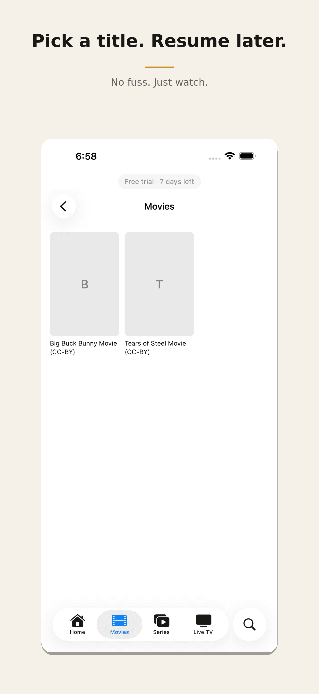 Miru Movies on iPhone — category open with poster grid